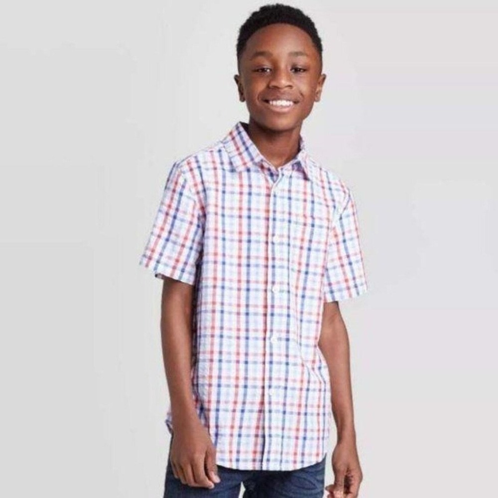 Boys Plaid Button Down Shirt L 12/14 Red White Blue Cotton Gingham Americana NWT